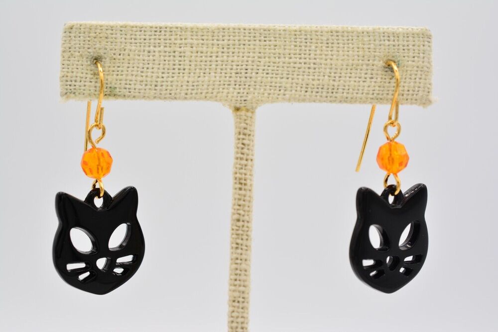 Black Cat Earrings Orange Crystal Beaded Dangle Halloween Costume Cute BinC